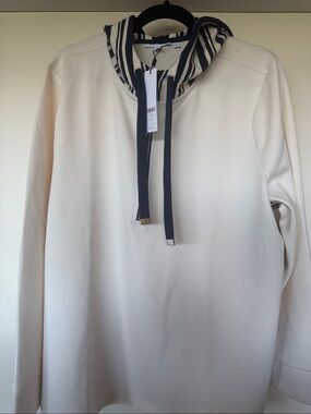 Chico's Cream Hoodie with Navy Stripe Hood and Navy Drawstrings